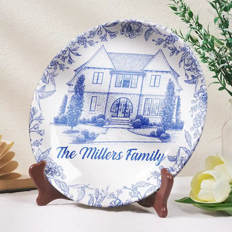 Custom Photo Pencil Sketch House Sketch Where Love Never Ends - Personalized Ceramic Plate