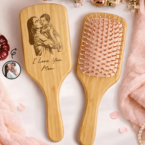 Custom Photo Pencil Sketch I Love You Mom Grandma - Personalized Wooden Hair Brush
