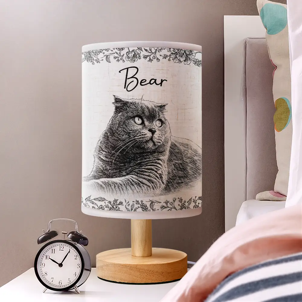 Custom Photo Pencil Sketch Memorial Family Dog Cat Portrait - Personalized Fabric Lamp