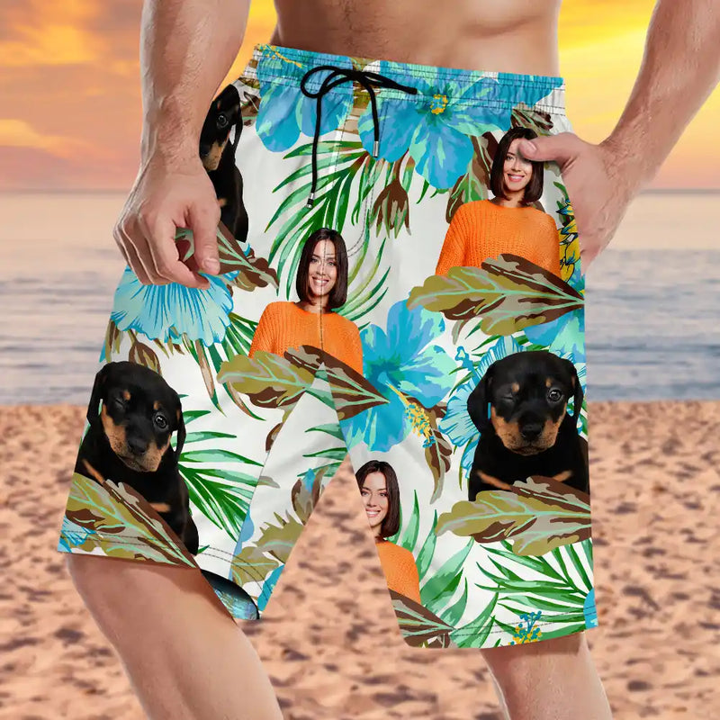 Custom Photo People And Pet Faces Couple Dog Cat - Personalized Unisex Beach Shorts