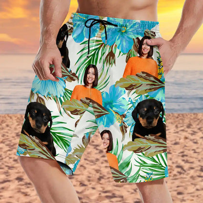Custom Photo People And Pet Faces Couple Dog Cat - Personalized Unisex Beach Shorts