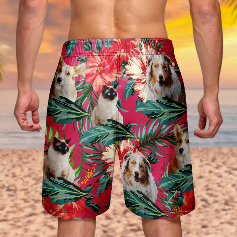 Custom Photo People And Pet Faces Couple Dog Cat - Personalized Unisex Beach Shorts