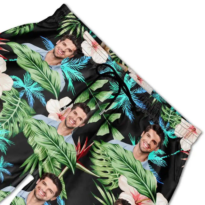 Custom Photo People And Pet Faces Couple Dog Cat - Personalized Unisex Beach Shorts