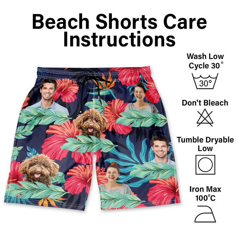 Custom Photo People And Pet Faces Couple Dog Cat - Personalized Unisex Beach Shorts