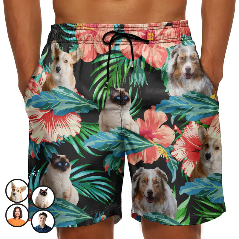 Custom Photo People And Pet Faces Couple Dog Cat - Personalized Unisex Beach Shorts