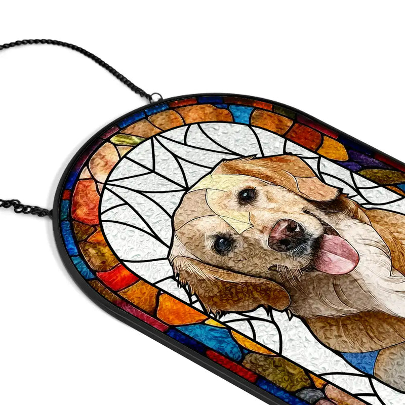 Custom Photo Stained Glass Portrait Dog Cat Family - Personalized Rounded Rectangle Stained Glass Suncatcher