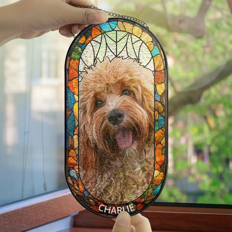 Custom Photo Stained Glass Portrait Dog Cat Family - Personalized Rounded Rectangle Stained Glass Suncatcher