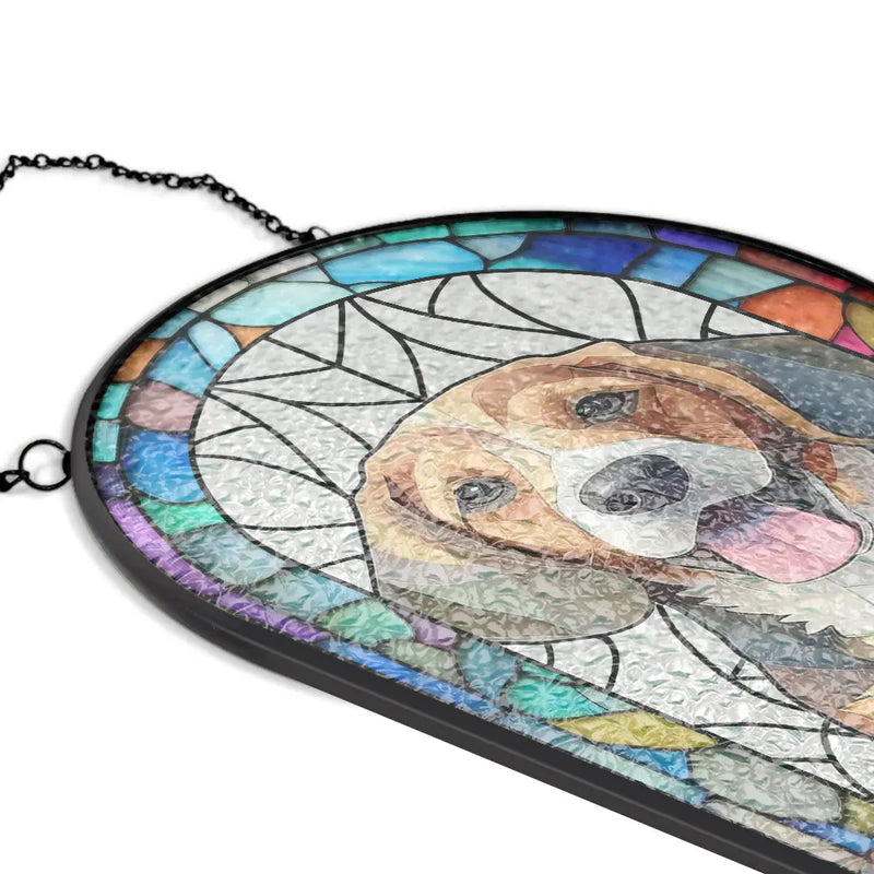 Custom Photo Stained Glass Portrait Dog Cat Family - Personalized Rounded Rectangle Stained Glass Suncatcher