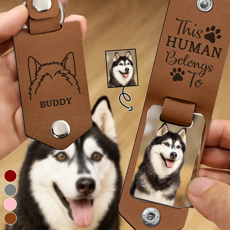 Custom Photo This Human Belongs To - Personalized Leather Photo Keychain