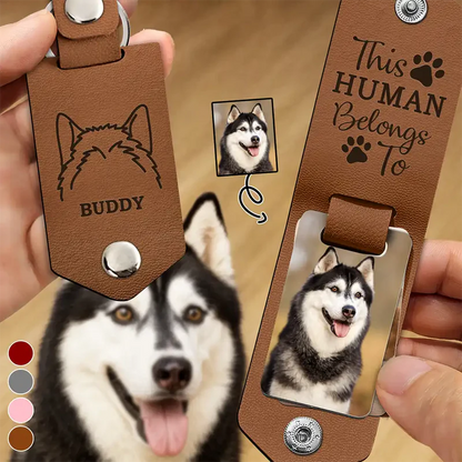 Custom Photo This Human Belongs To - Personalized Leather Photo Keychain