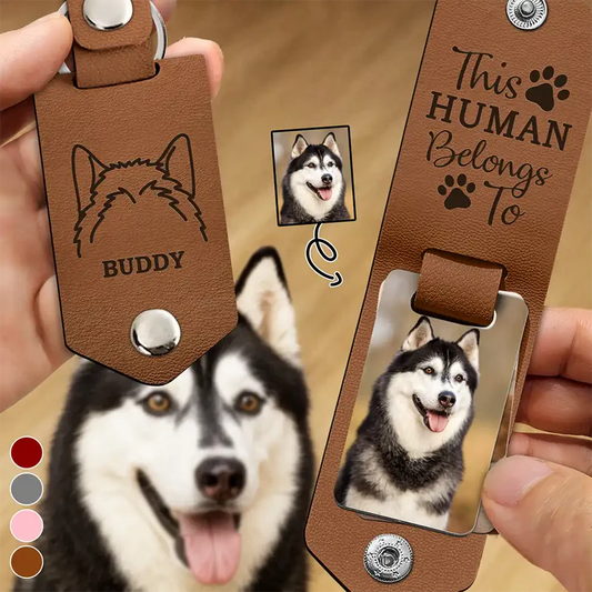 Custom Photo This Human Belongs To - Personalized Leather Photo Keychain
