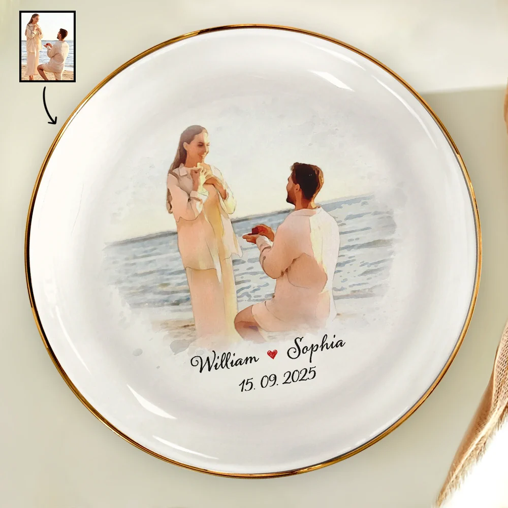 Custom Photo Watercolor Couples Anniversary Gift - Personalized Round Ring Dish