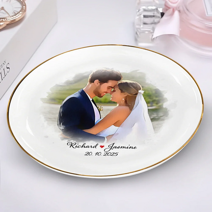 Custom Photo Watercolor Couples Anniversary Gift - Personalized Round Ring Dish