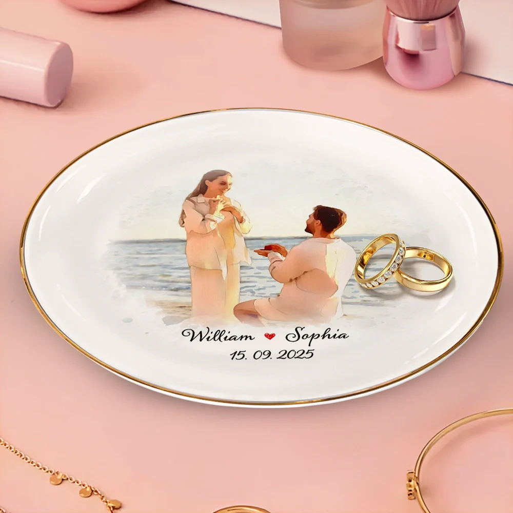 Custom Photo Watercolor Couples Anniversary Gift - Personalized Round Ring Dish