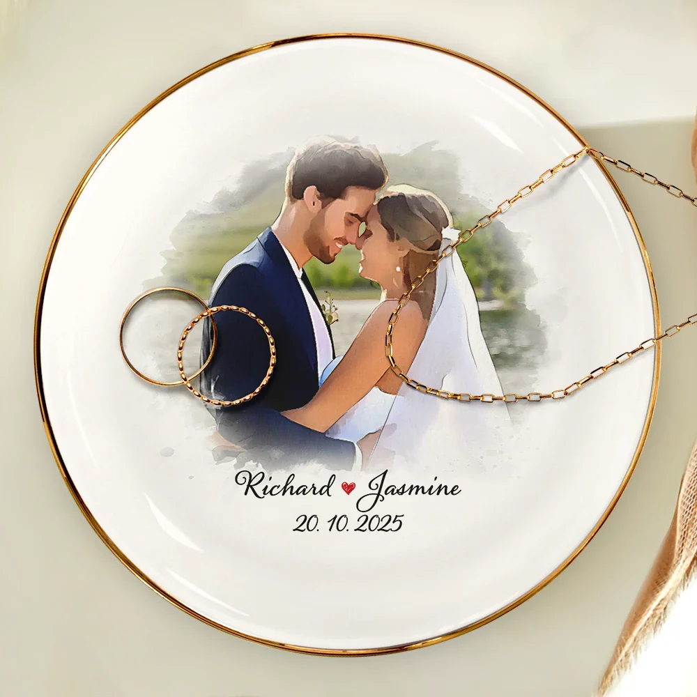 Custom Photo Watercolor Couples Anniversary Gift - Personalized Round Ring Dish