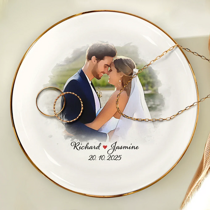 Custom Photo Watercolor Couples Anniversary Gift - Personalized Round Ring Dish