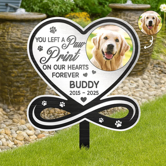 Custom Photo You Left A Paw Print On Our Hearts Forever Memorial - Personalized Metal Garden Stake