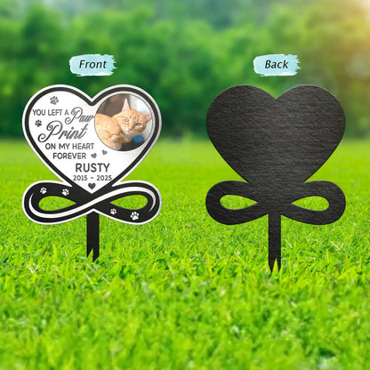 Custom Photo You Left A Paw Print On Our Hearts Forever Memorial - Personalized Metal Garden Stake