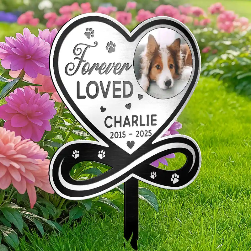 Custom Photo You Left A Paw Print On Our Hearts Forever Memorial - Personalized Metal Garden Stake