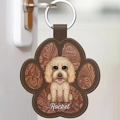 Cute Dog Cat Faux Engraving - Personalized Custom Shaped Leather Keychain Keychain The Next Custom Gift