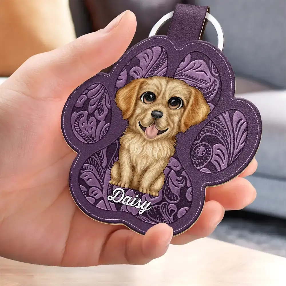 Cute Dog Cat Faux Engraving - Personalized Custom Shaped Leather Keychain Keychain The Next Custom Gift