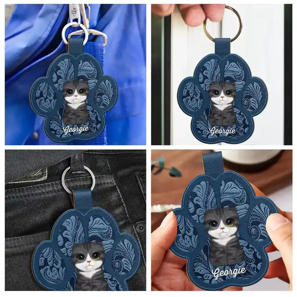 Cute Dog Cat Faux Engraving - Personalized Custom Shaped Leather Keychain Keychain The Next Custom Gift