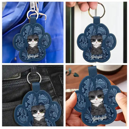 Cute Dog Cat Faux Engraving - Personalized Custom Shaped Leather Keychain Keychain The Next Custom Gift