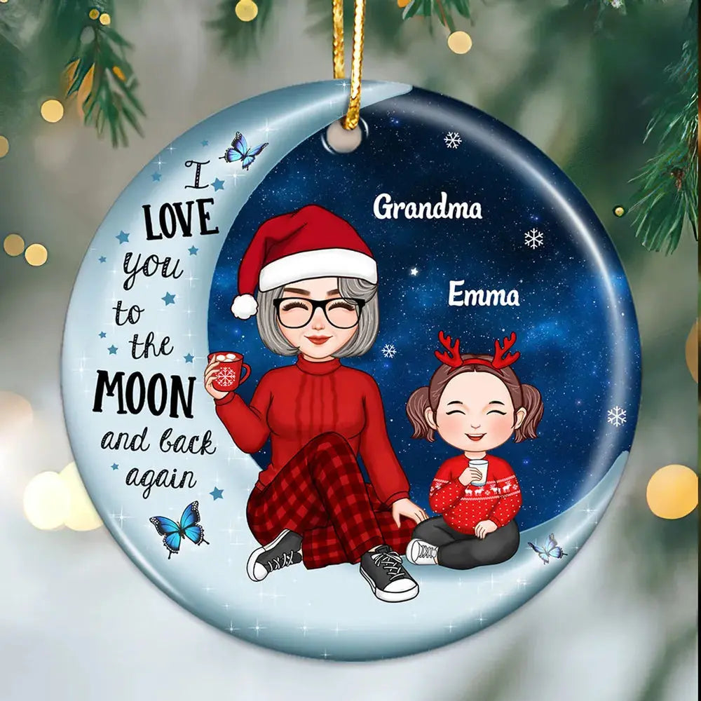 Cute Grandma & Grandkid On Moon Christmas Gift Personalized Circle Ornament ornament The Next Custom Gift