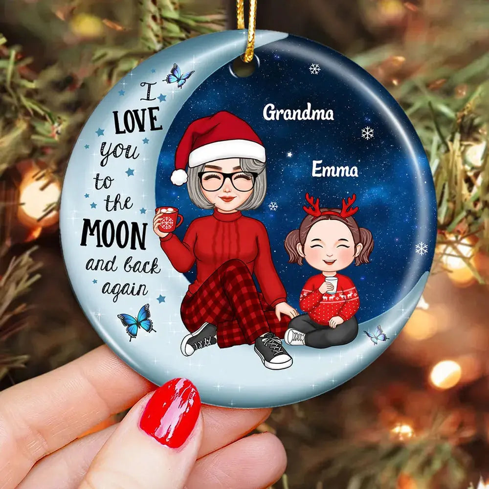 Cute Grandma & Grandkid On Moon Christmas Gift Personalized Circle Ornament ornament The Next Custom Gift