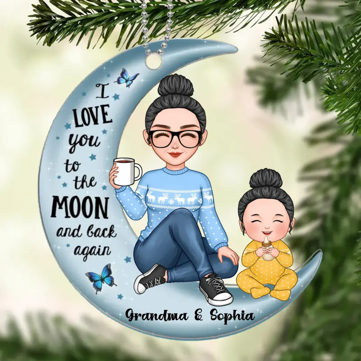 Cute Grandma & Grandkid On Moon Kid Baby Teenage Granddaughter Grandson Personalized Acrylic Ornament ornament The Next Custom Gift