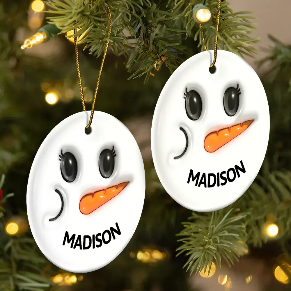 Cute Snowman Smile Name - 3D Inflated Effect Printed Personalized Combo Circle Ceramic Ornament Set ornament The Next Custom Gift