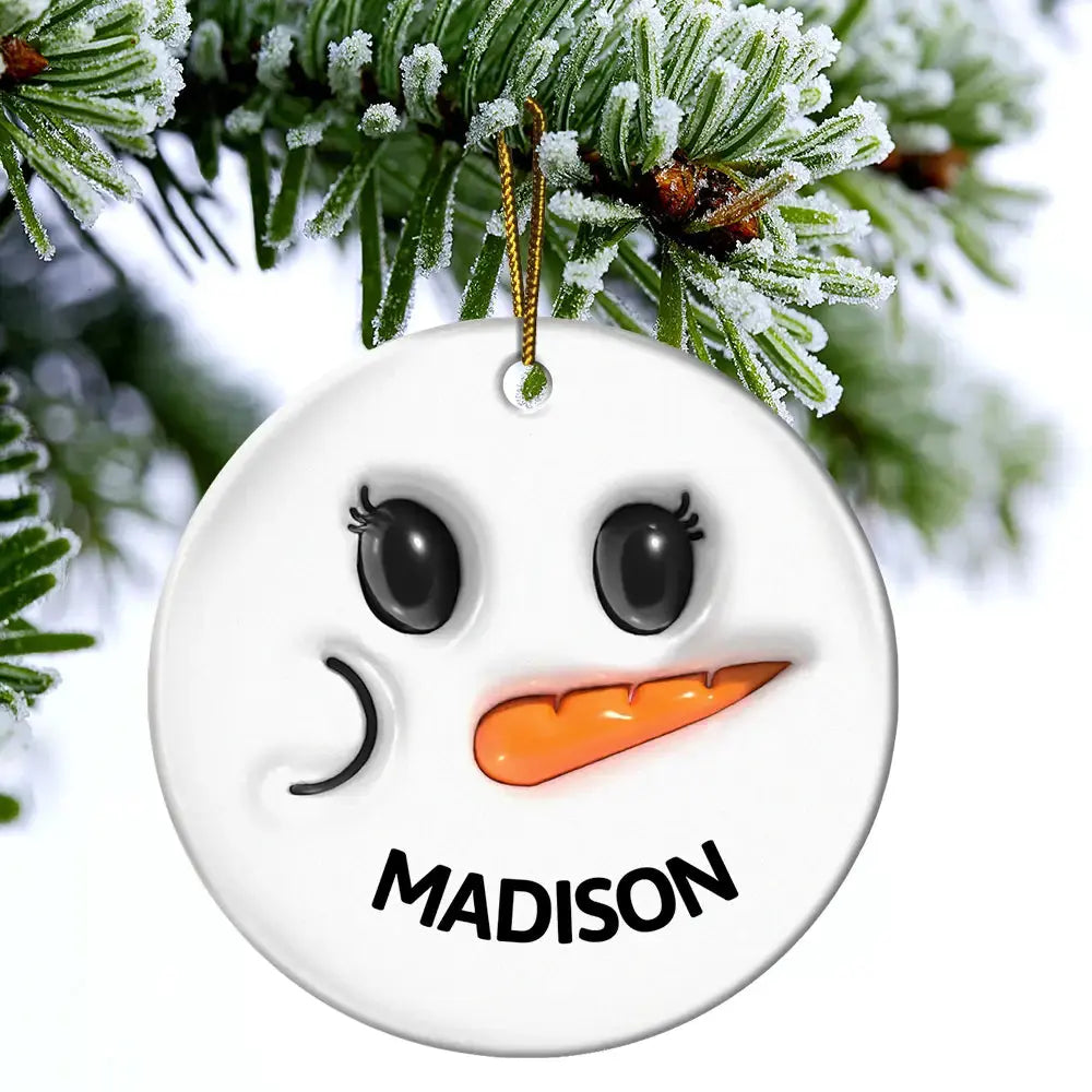 Cute Snowman Smile Name - 3D Inflated Effect Printed Personalized Combo Circle Ceramic Ornament Set ornament The Next Custom Gift