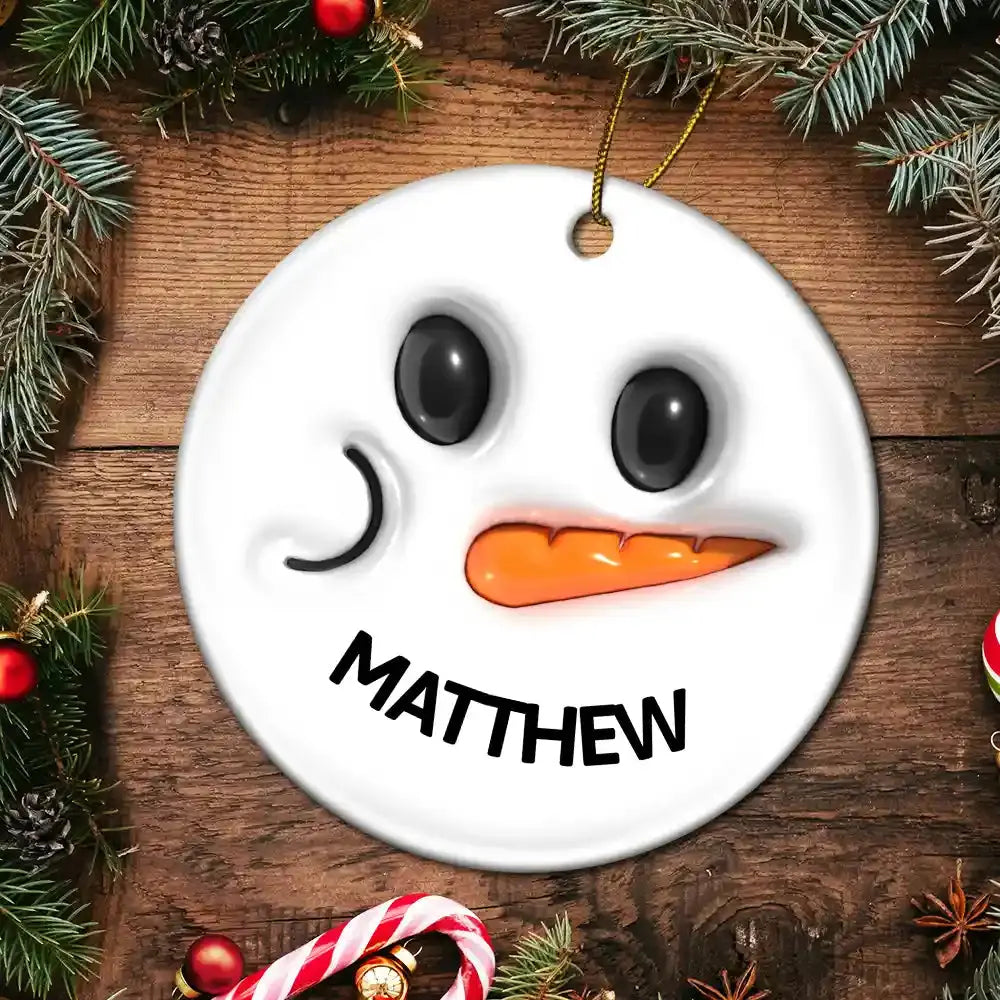 Cute Snowman Smile Name - 3D Inflated Effect Printed Personalized Combo Circle Ceramic Ornament Set ornament The Next Custom Gift