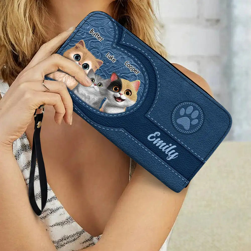 Cute Cats 3D Effect Aesthetic Pattern - Personalized Leather Long Wallet