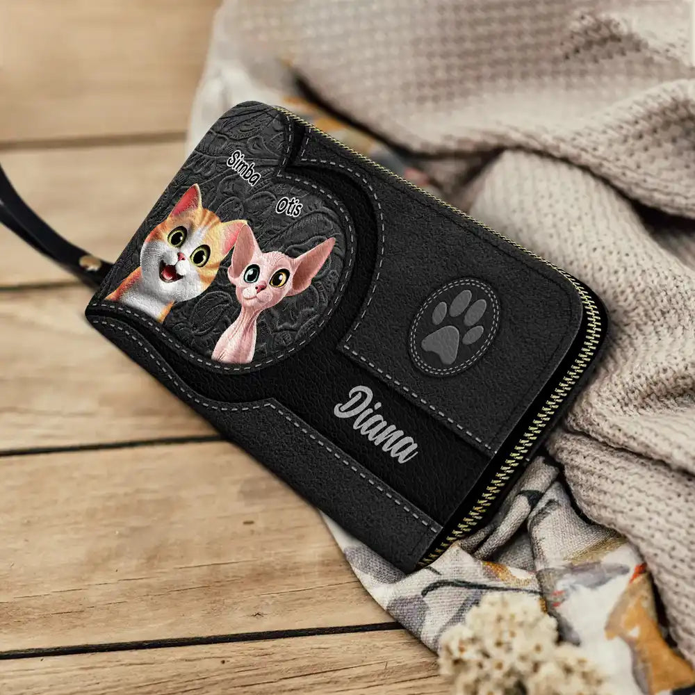 Cute Cats 3D Effect Aesthetic Pattern - Personalized Leather Long Wallet