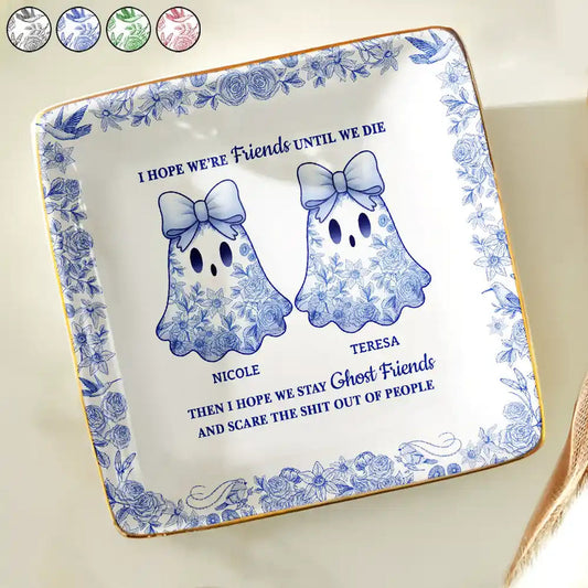 Cute Ghost Bestie Friends Until We Die Toile De Jouy Pattern - Personalized Ring Dish