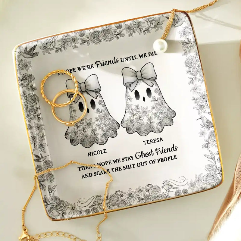 Cute Ghost Bestie Friends Until We Die Toile De Jouy Pattern - Personalized Ring Dish