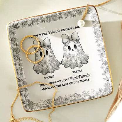 Cute Ghost Bestie Friends Until We Die Toile De Jouy Pattern - Personalized Ring Dish