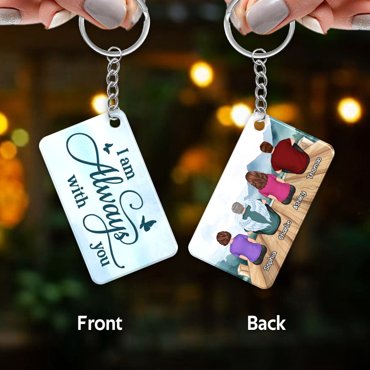 Family Memorial Remembrance Gift People Sitting On Bridge Forest Theme Personalized Acrylic Keychain