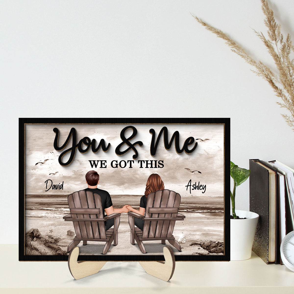 Retro Vintage Back View Couple Sitting Beach Landscape Personalized 2-Layer Wooden Plaque