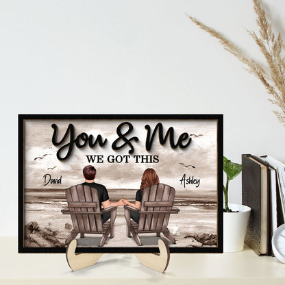 Retro Vintage Back View Couple Sitting Beach Landscape Personalized 2-Layer Wooden Plaque
