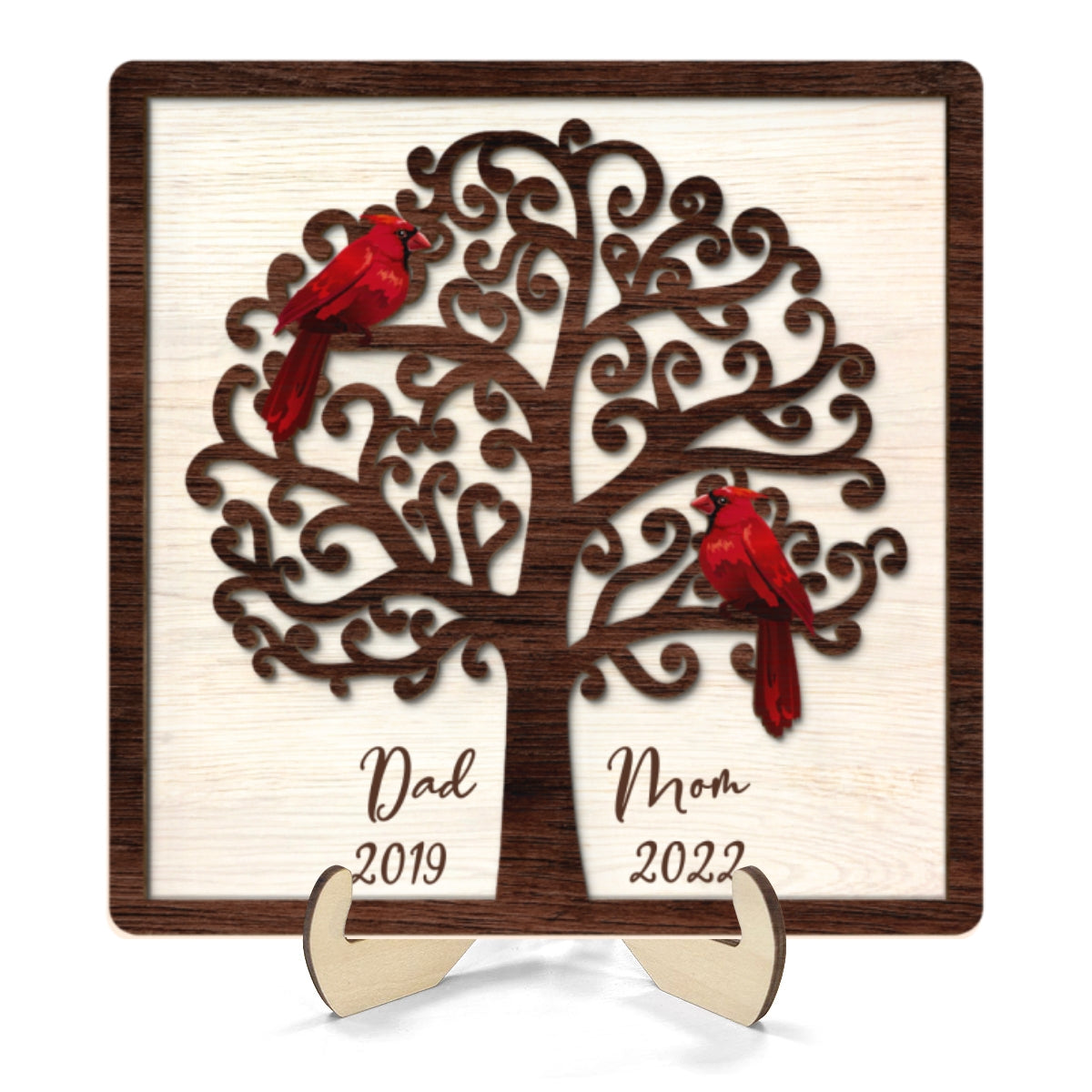 Dad Mom Cardinal Tree Personalized 2-Layer Wooden Plaque