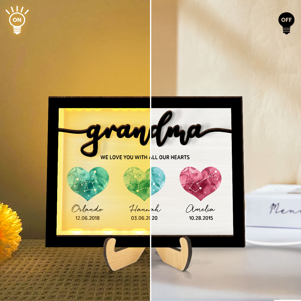 Birthstone Constellations Personalized 2-Layer Wooden Plaque With LED, Mother's Day Gift, Grandparents Day Gift, Gift for Her, Mom Gift, For Grandma