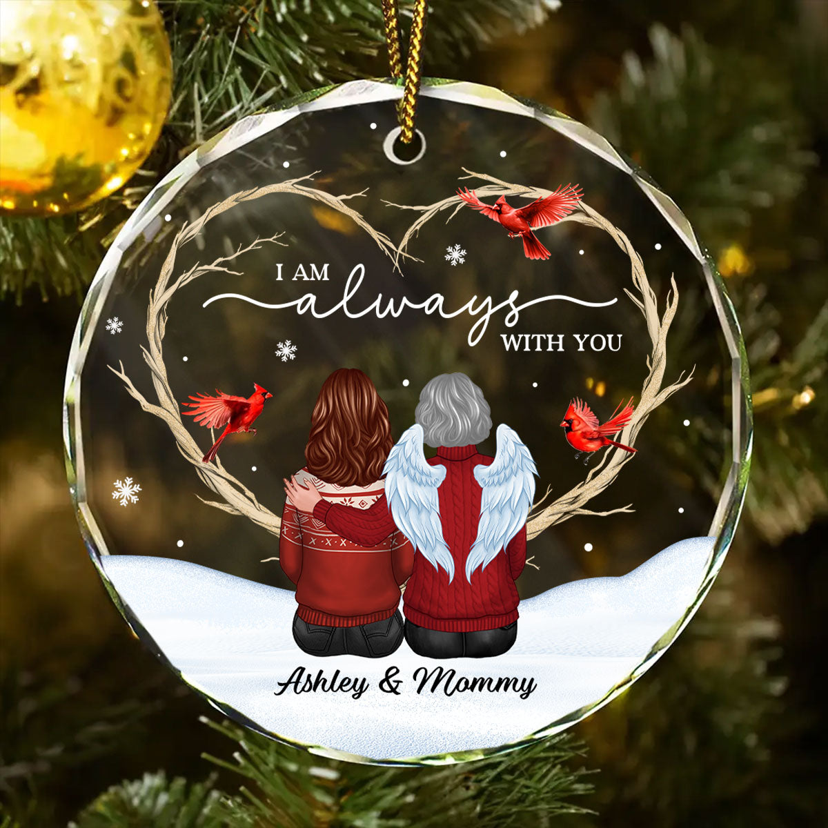 Cardinals Heart Branch Memorial Personalized Glass Ornament, Sympathy Keepsake