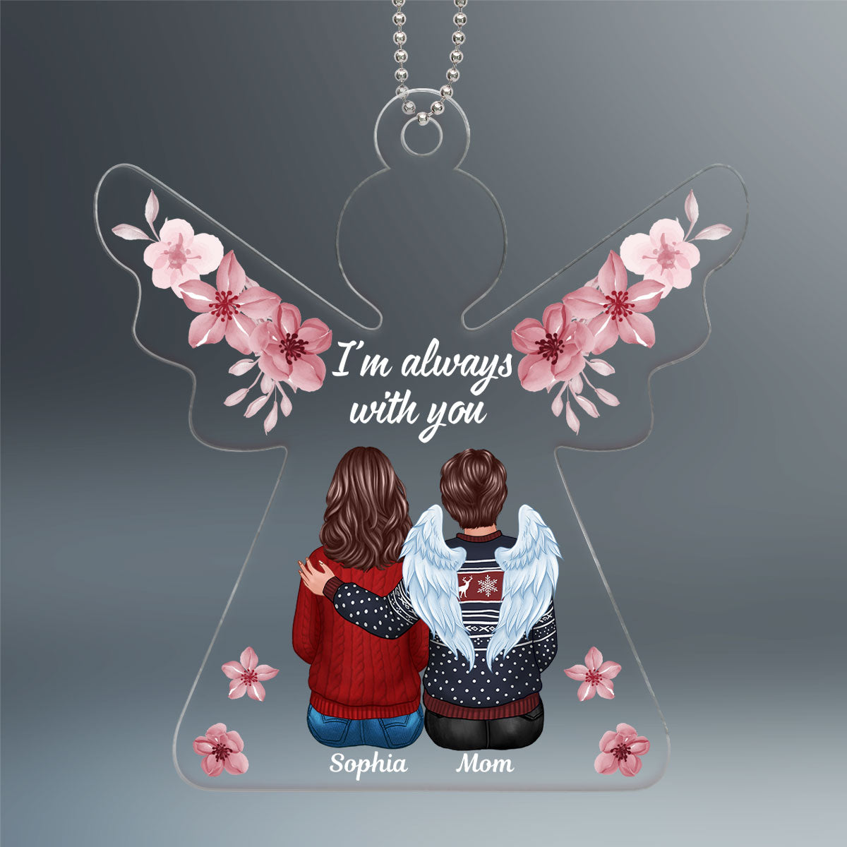 Always With You Pink Flowers Angel Shaped Memorial Keepsake Personalized Acrylic Ornament