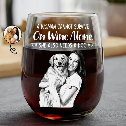 Custom Photo Pencil Sketch Art A Woman Cannot Survive On Wine Alone Dog - Personalized Stemless Wine Glass