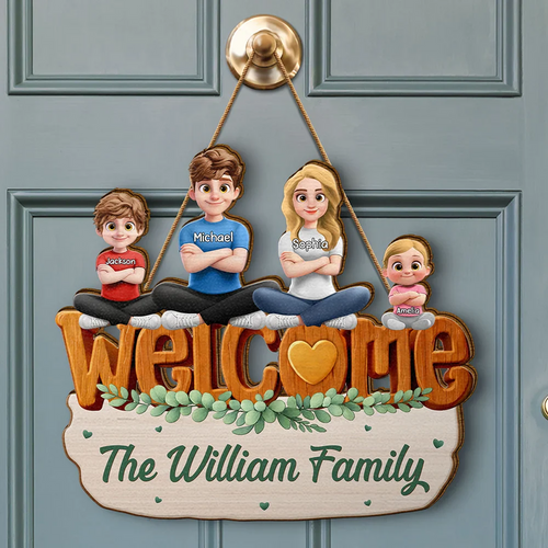 Welcome Happy Family 3D Effect - Personalized Custom Shaped Wood Sign