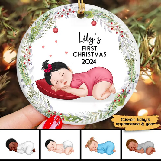 Sleeping Baby First Christmas Personalized Circle Ornament