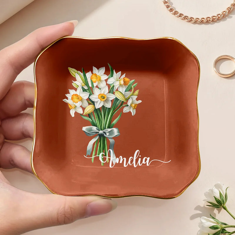 Watercolor Birth Flower Mother Daughter Sister Custom Name - Personalized Ring Dish
