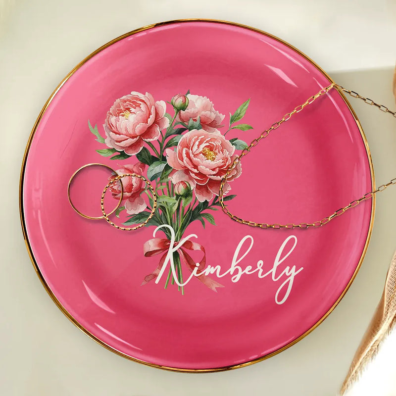 Watercolor Birth Flower Mother Daughter Sister Custom Name - Personalized Ring Dish
